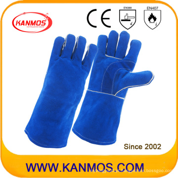 Blue Cowhide Split Leather Industrial Safety Soldagem Luvas de trabalho (11114)